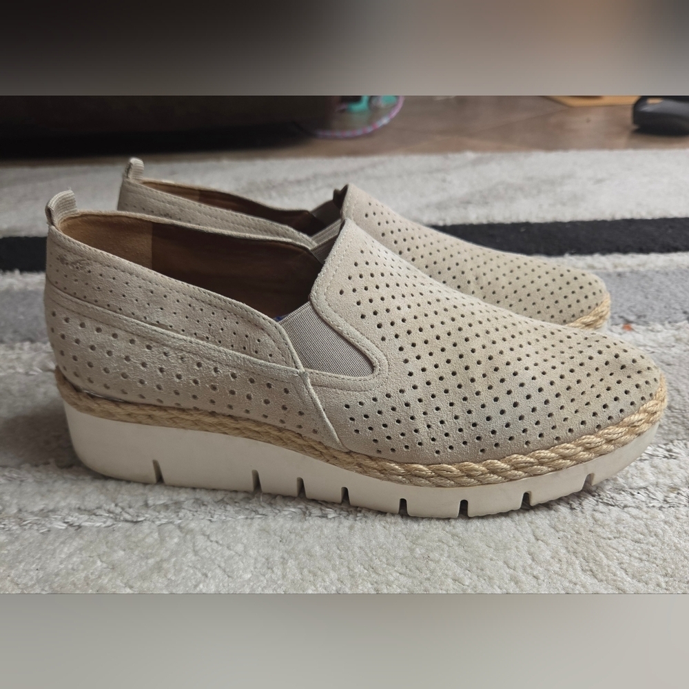 Franco Sarto Beige Perforated Slip-On Espadrille Platform Mules